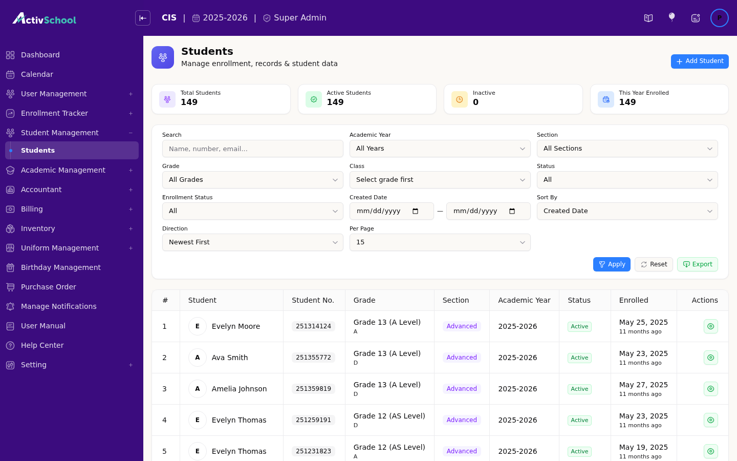 Screenshot of Student Management