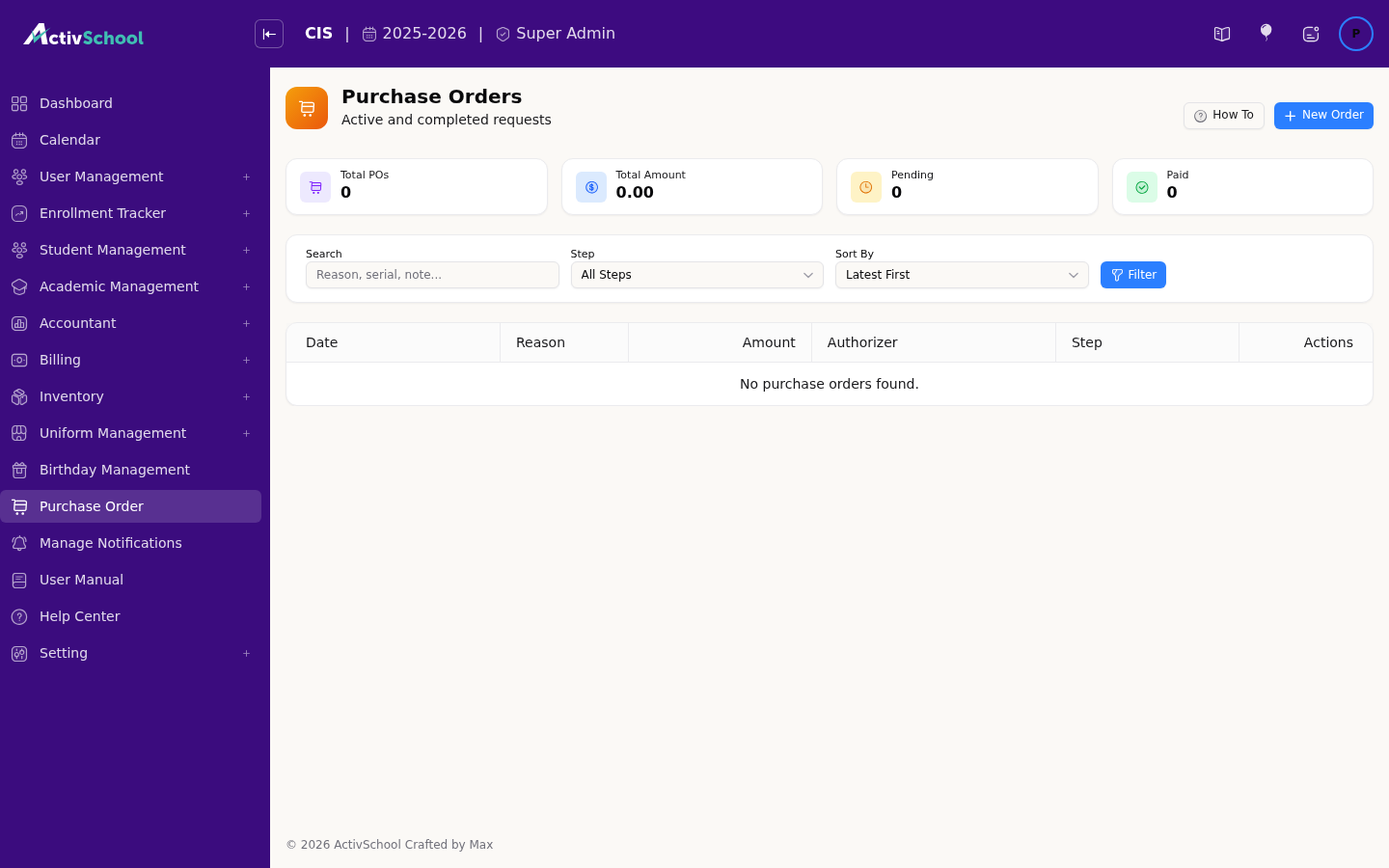 Screenshot of Purchase Orders