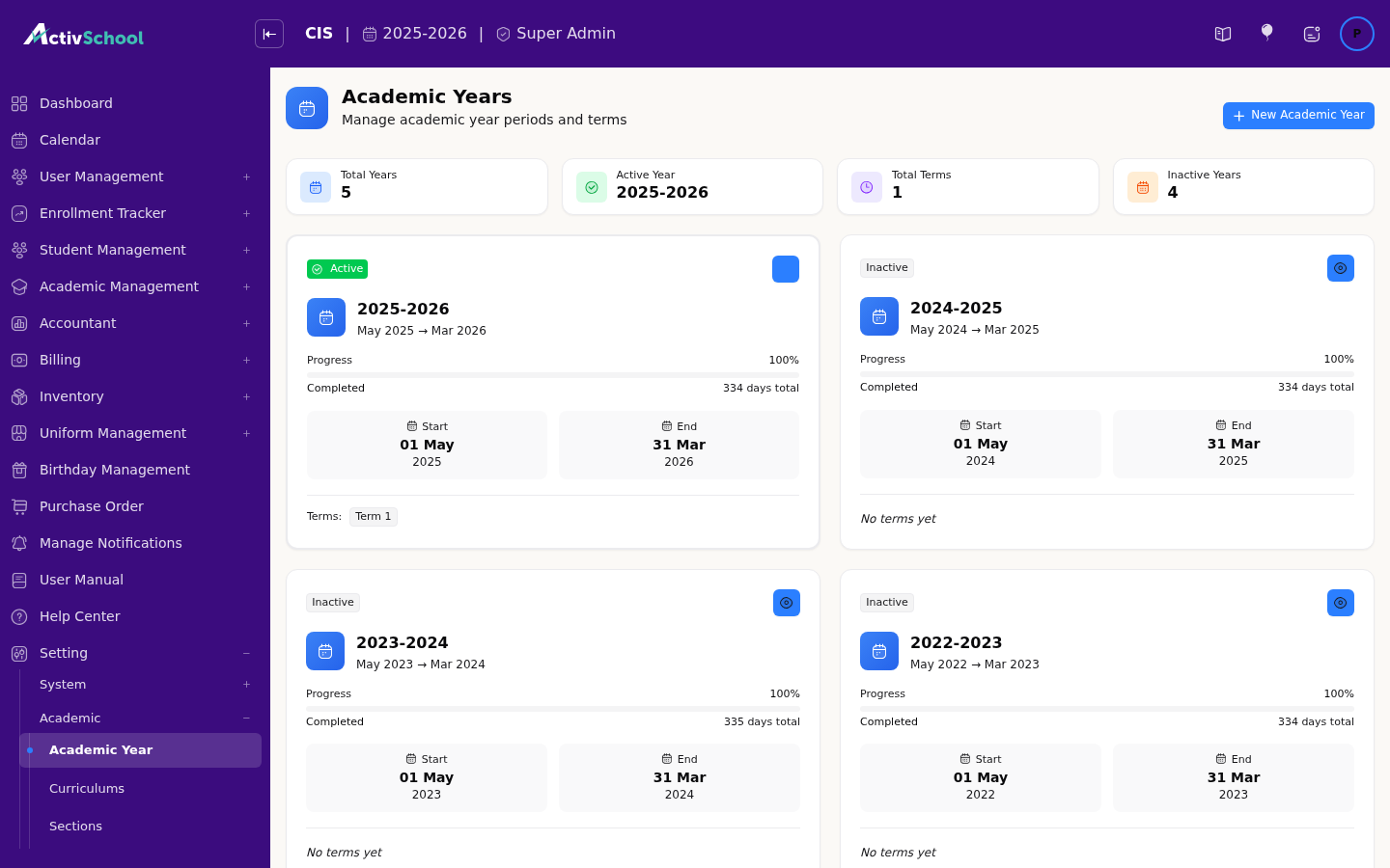 Screenshot of Academic Year & Term
