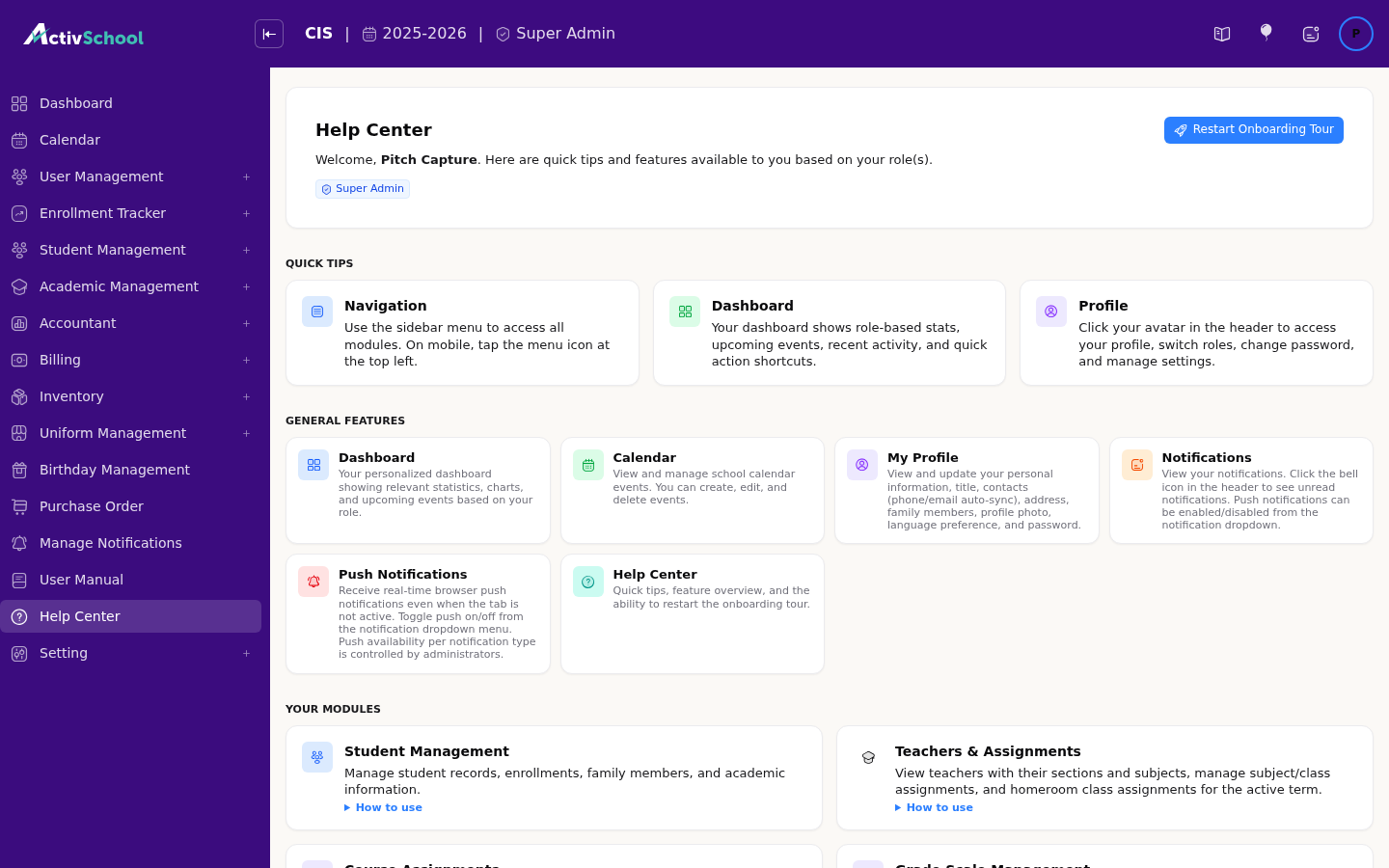 Screenshot of Help Center